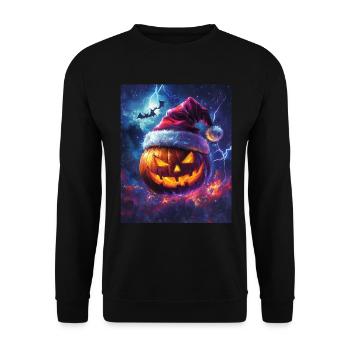 Halloween Geschenk Kürbis mit Weihnachtsmütze Deko - Unisex Pullover - Schwarz - Vorne - Alina (178cm) & Michal (187cm)