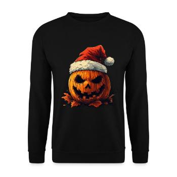 Halloween Geschenk Kürbis mit Weihnachtsmütze Deko - Unisex Pullover - Schwarz - Vorne - Alina (178cm) & Michal (187cm)