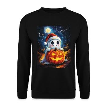 Halloween Geschenk Geist mit Weihnachtsmütze Deko - Unisex Pullover - Schwarz - Vorne - Alina (178cm) & Michal (187cm)