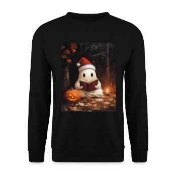 Halloween Geschenk Geist mit Weihnachtsmütze Deko - Unisex Pullover - Schwarz - Vorne - Alina (178cm) & Michal (187cm)