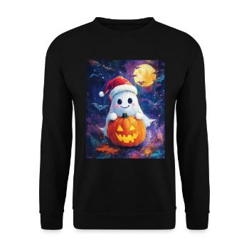 Halloween Geschenk Geist mit Weihnachtsmütze Deko - Unisex Pullover - Schwarz - Vorne - Alina (178cm) & Michal (187cm)