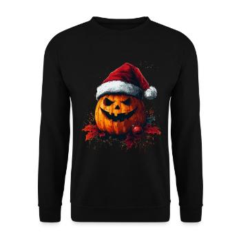 Halloween Geschenk Kürbis mit Weihnachtsmütze Deko - Unisex Pullover - Schwarz - Vorne - Alina (178cm) & Michal (187cm)