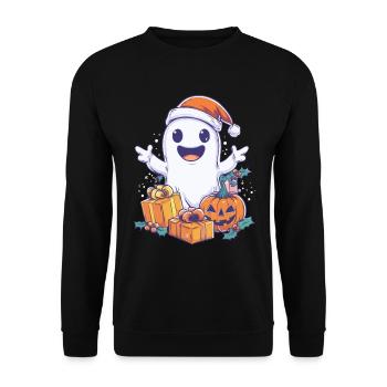 Halloween Geschenk Geist mit Weihnachtsmütze Deko - Unisex Pullover - Schwarz - Vorne - Alina (178cm) & Michal (187cm)