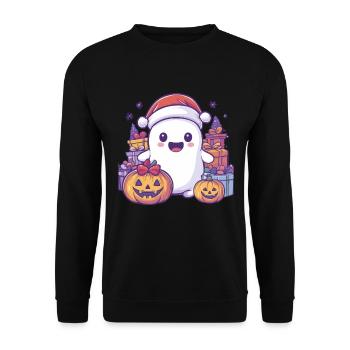 Halloween Geschenk Geist mit Weihnachtsmütze Deko - Unisex Pullover - Schwarz - Vorne - Alina (178cm) & Michal (187cm)