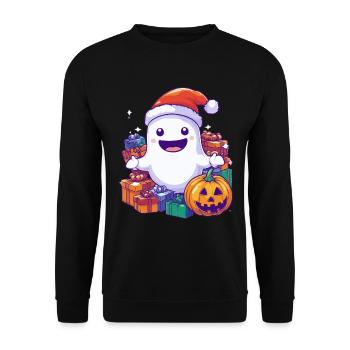 Halloween Geschenk Geist mit Weihnachtsmütze Deko - Unisex Pullover - Schwarz - Vorne - Alina (178cm) & Michal (187cm)