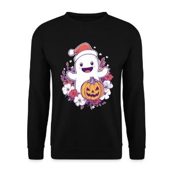 Halloween Geschenk Geist mit Weihnachtsmütze Deko - Unisex Pullover - Schwarz - Vorne - Alina (178cm) & Michal (187cm)