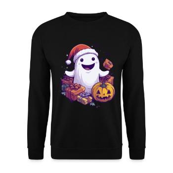 Halloween Geschenk Geist mit Weihnachtsmütze Deko - Unisex Pullover - Schwarz - Vorne - Alina (178cm) & Michal (187cm)