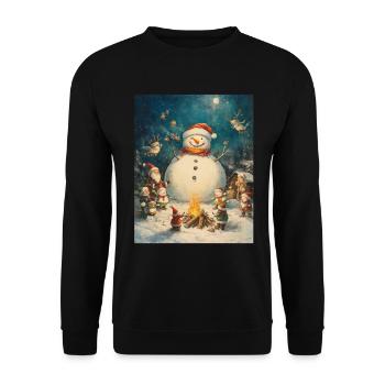 Schneemann Lagerfeuer Weihnachten Frauen Männer - Unisex Pullover - Schwarz - Vorne - Alina (178cm) & Michal (187cm)