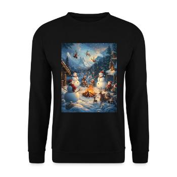 Schneemann Lagerfeuer Weihnachten Frauen Männer - Unisex Pullover - Schwarz - Vorne - Alina (178cm) & Michal (187cm)