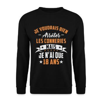 18 ans Anniversaire Humour Idée Cadeau Citations - Sweat-shirt Unisexe - noir - Devant - Alina (178cm) & Michal (187cm)