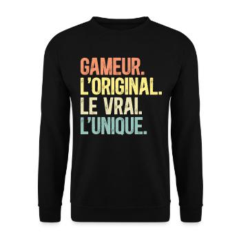 Gameur L'Original Le Vrai L'Unique Homme Geek - Sweat-shirt Unisexe - noir - Devant - Alina (178cm) & Michal (187cm)