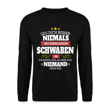 SCHWABE - LEG DICH NIEMALS MIT EINEM AN - Unisex Pullover - Schwarz - Vorne - Alina (178cm) & Michal (187cm)