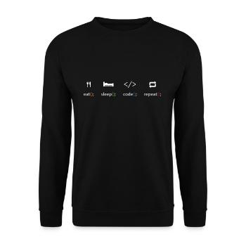Essen Schlaf-Code wiederholen - Programmierer T-Shirt - Unisex Pullover - Schwarz - Vorne - Alina (178cm) & Michal (187cm)