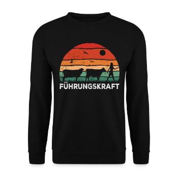 Landwirtin mit Kuh, Retro Führungskraft Bäuerin - Unisex Pullover - Schwarz - Vorne - Alina (178cm) & Michal (187cm)