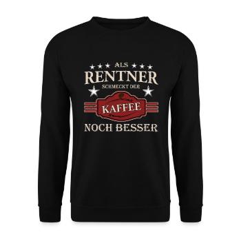Glücklicher Rentner mit Kaffee - Unisex Pullover - Schwarz - Vorne - Alina (178cm) & Michal (187cm)