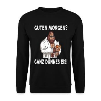 Guten Morgen - Ganz dünnes Eis Spruch Kaffee - Unisex Pullover - Schwarz - Vorne - Alina (178cm) & Michal (187cm)