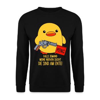Falls jemand meine Nerven sucht - Die sind am Ente - Unisex Pullover - Schwarz - Vorne - Alina (178cm) & Michal (187cm)