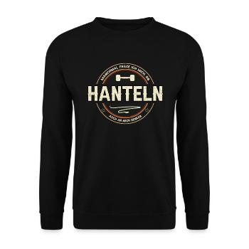 Hanteln Spruch Muskelaufbau - Unisex Pullover - Schwarz - Vorne - Alina (178cm) & Michal (187cm)