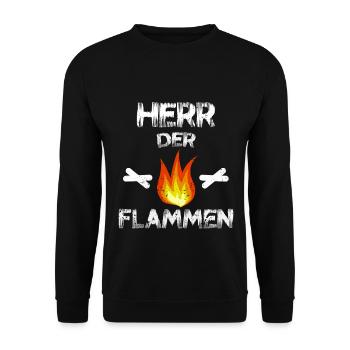 Herr der Flammen - Camping Grillmeister Feuerwehr - Unisex Pullover - Schwarz - Vorne - Alina (178cm) & Michal (187cm)