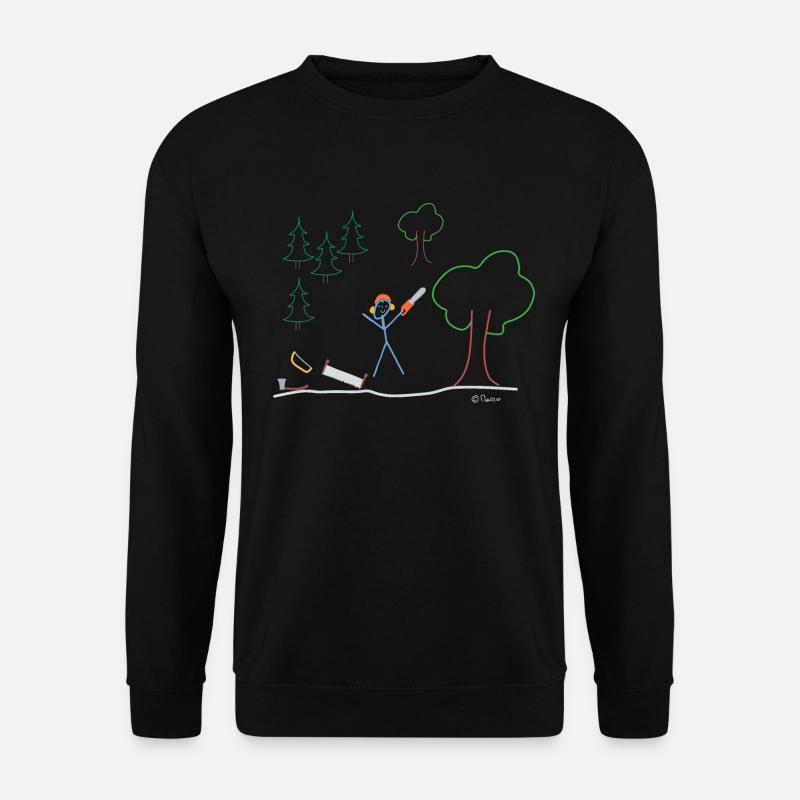 Holzfäller Strichmännchen, Wald Baum Motorsäge - Unisex Pullover - Schwarz
