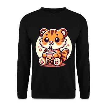 Süßer Tiger Boba Tee Illustration - Unisex Pullover - Schwarz - Vorne - Alina (178cm) & Michal (187cm)