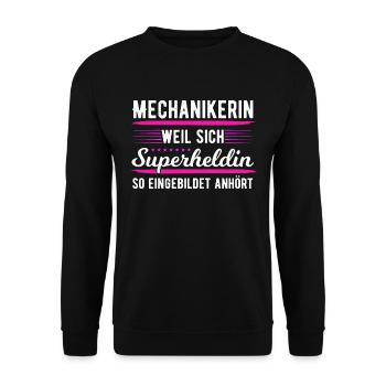 Mechanikerin Superheldin Schrauberin KFZ Werkstatt - Unisex Pullover - Schwarz - Vorne - Alina (178cm) & Michal (187cm)