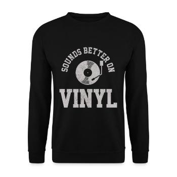 Vinyl - Retro Schallplatte Turntable DJ Geschenk - Unisex Pullover - Schwarz - Vorne - Alina (178cm) & Michal (187cm)