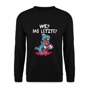 Wie? Das Letzte? Unicorn Einhorn Drache lustiges - Unisex Pullover - Schwarz - Vorne - Alina (178cm) & Michal (187cm)