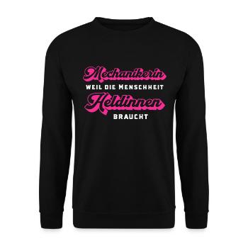 Mechanikerin Heldin Schrauberin KFZ Werkstatt - Unisex Pullover - Schwarz - Vorne - Alina (178cm) & Michal (187cm)