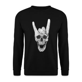 Heavy Metal Musik Totenkopf Teufelshörner-Zeichen - Unisex Pullover - Schwarz - Vorne - Alina (178cm) & Michal (187cm)