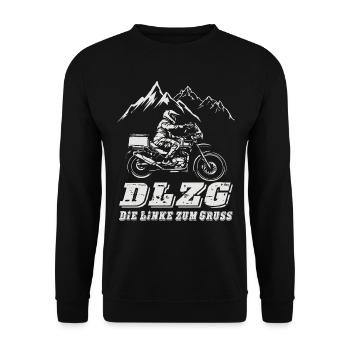 DLZG Die Linke zum Gruß Adventure Motorrad Bike - Unisex Pullover - Schwarz - Vorne - Alina (178cm) & Michal (187cm)
