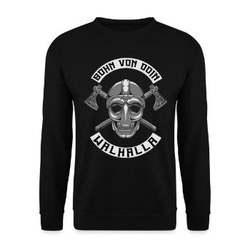 Sohn von Odin Walhalla - Wikinger Spruch - Unisex Pullover - Schwarz - Vorne - Alina (178cm) & Michal (187cm)