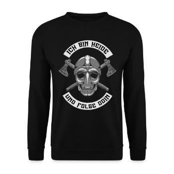 Ich Bin Heide und folge Odin - Wikinger Spruch - Unisex Pullover - Schwarz - Vorne - Alina (178cm) & Michal (187cm)