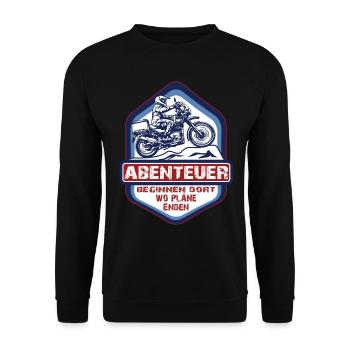 Abenteuer beginnen dort wo Pläne enden -Motorrad - Unisex Pullover - Schwarz - Vorne - Alina (178cm) & Michal (187cm)