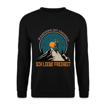 Spruch Wandern ist Freiheit / Ich liebe Freiheit - Unisex Pullover - Schwarz - Vorne - Alina (178cm) & Michal (187cm)