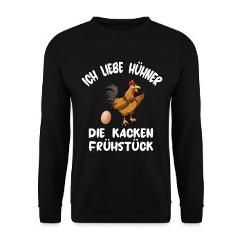 Hühner kacken Frühstück Eier Huhn Lustiger Spruch - Unisex Pullover - Schwarz - Vorne - Alina (178cm) & Michal (187cm)