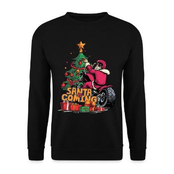 Weihnachten Santa Claus Nikolaus Motorrad - Unisex Pullover - Schwarz - Vorne - Alina (178cm) & Michal (187cm)
