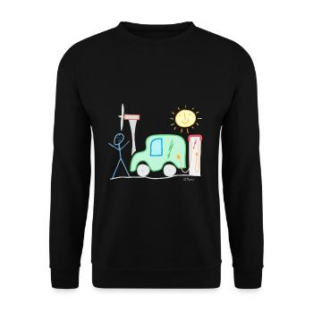 E-Auto Strichmännchen Sonne Ladesäule Spannung - Unisex Pullover - Schwarz - Vorne - Alina (178cm) & Michal (187cm)