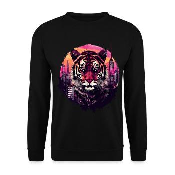 Tiger Tigerkopf Raubkatze Raubtier Stadt Neon - Unisex Pullover - Schwarz - Vorne - Alina (178cm) & Michal (187cm)