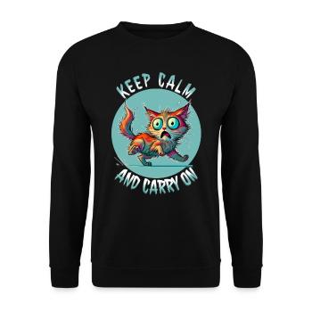 Keep Calm and Carry On - Erschreckte Katze & Weish - Unisex Pullover - Schwarz - Vorne - Alina (178cm) & Michal (187cm)