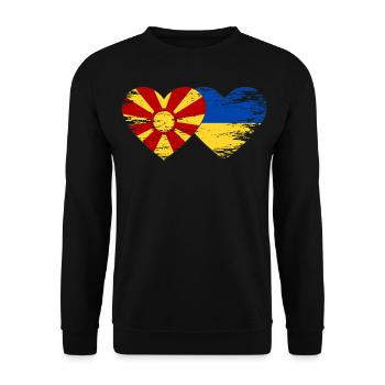 Mazedonien Ukraine Flagge Herz used - Unisex Pullover - Schwarz - Vorne - Alina (178cm) & Michal (187cm)