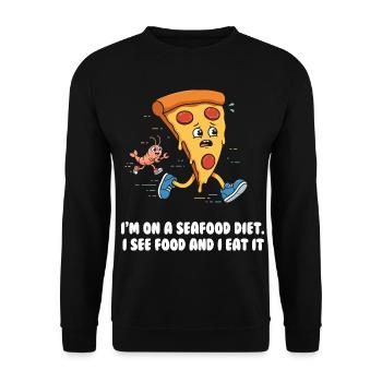 Seafood Diet Wortwitz mit Pizza und Garnele - Unisex Pullover - Schwarz - Vorne - Alina (178cm) & Michal (187cm)
