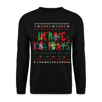 Justice League Heroic Holidays Weihnachtspulli - Unisex Pullover - Schwarz - Vorne - Alina (178cm) & Michal (187cm)