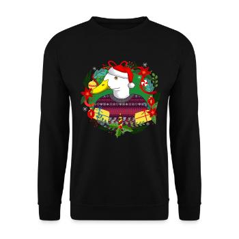 Ugly Christmas Ente in Weihnachtspulli mit Hut - Unisex Pullover - Schwarz - Vorne - Alina (178cm) & Michal (187cm)