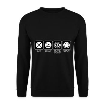 Plane Spotter Eat Sleep Repeat für Planespotter - Unisex Pullover - Schwarz - Vorne - Alina (178cm) & Michal (187cm)