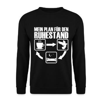 Rente Ruhestand Tauben Taube Spruch für Rentner - Unisex Pullover - Schwarz - Vorne - Alina (178cm) & Michal (187cm)