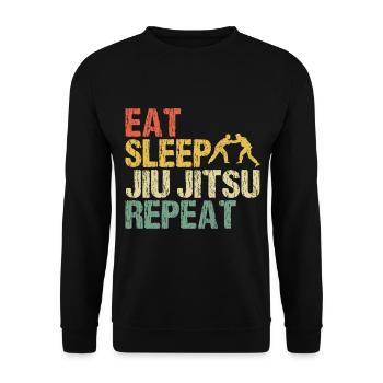 Jiu Jitsu Kampfsport Eat Sleep Repeat Retro Spruch - Unisex Pullover - Schwarz - Vorne - Alina (178cm) & Michal (187cm)