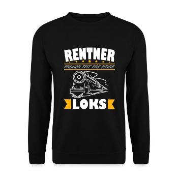 Rentner Eisenbahn Lokomotive Spruch zur Rente Opa - Unisex Pullover - Schwarz - Vorne - Alina (178cm) & Michal (187cm)