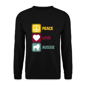 Australischer Schäferhund Aussie Peace Love Spruch - Unisex Pullover - Schwarz - Vorne - Alina (178cm) & Michal (187cm)