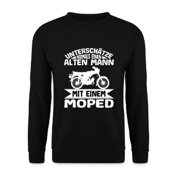 Moped Unterschätze niemals einen Alten Mann Spruch - Unisex Pullover - Schwarz - Vorne - Alina (178cm) & Michal (187cm)